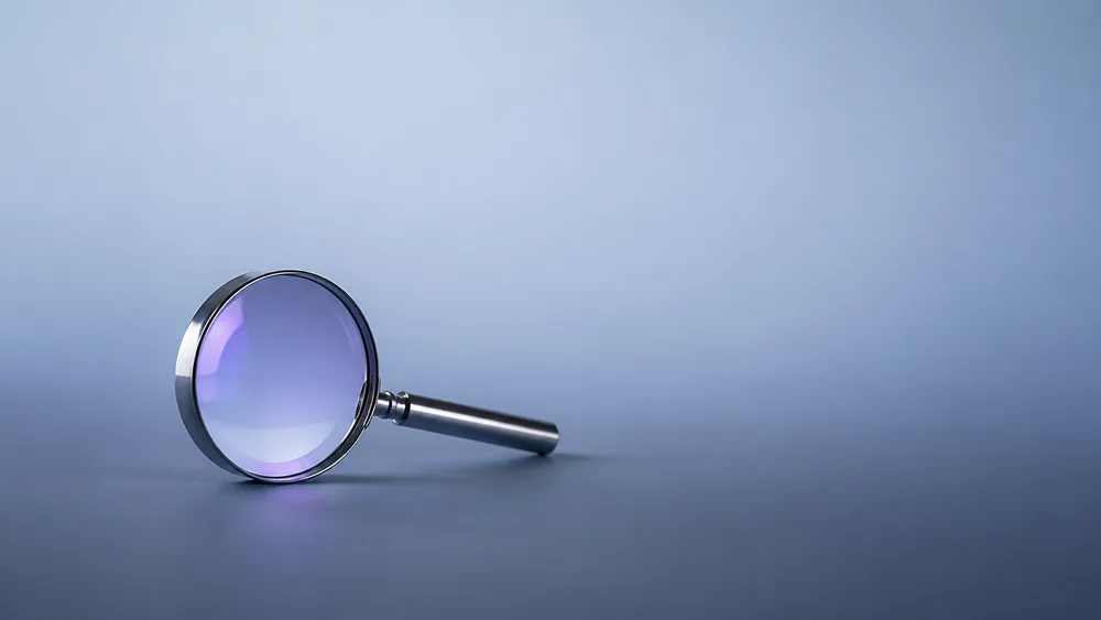 A magnifying glass with a violet-lit lens, marking Vigor's audit and assurance articles